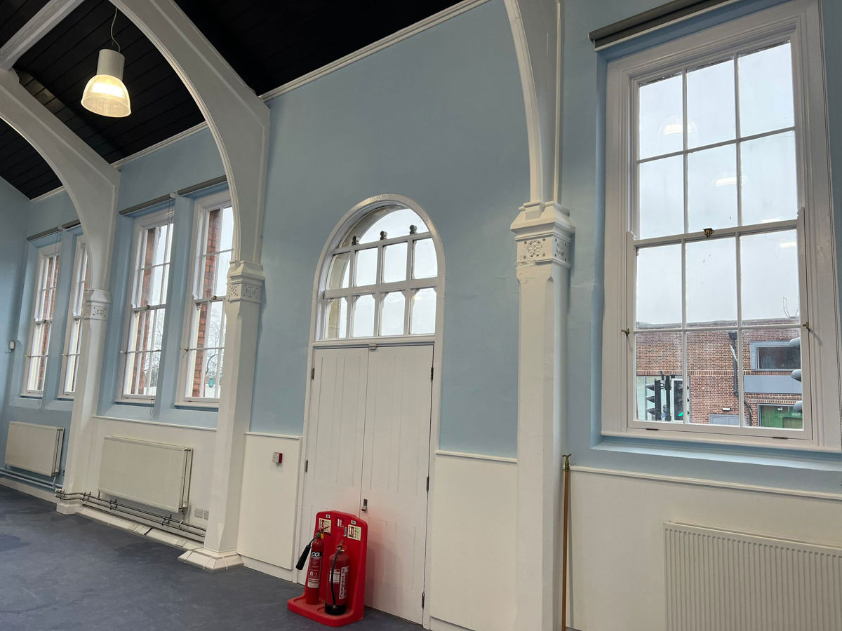Restored Victorian gymnasium ceiling, plastered and painted